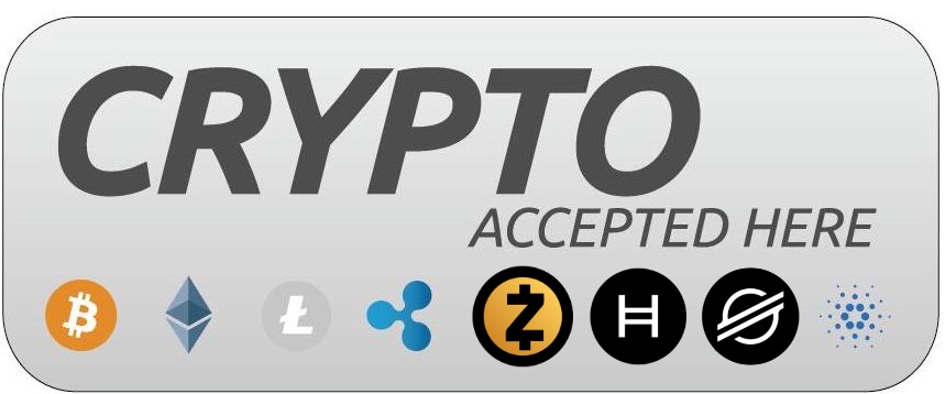 Crypto Accepted Here HBAR XLM Bitcoin Dogecoin